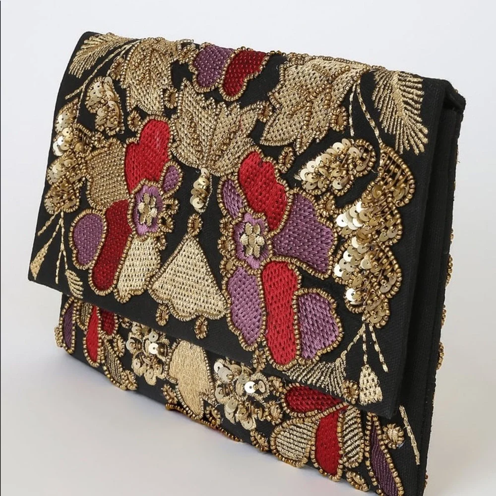 Lulus Dramatic Details Black Multi Embroidered Clutch